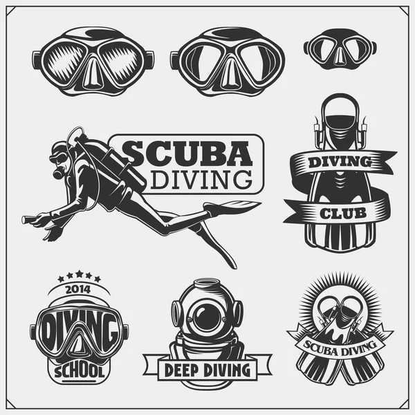 Conjunto Emblemas Mergulho Rótulos Logótipos Elementos Design Para Natação Subaquática — Vetor de Stock