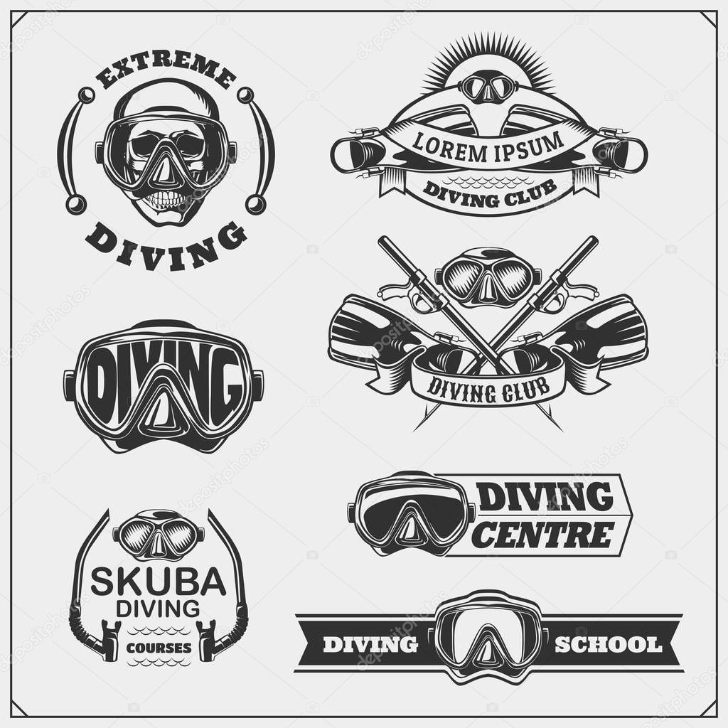 Set of Scuba diving emblems. Underwater swimming and spearfishing labels, logos and design elements.