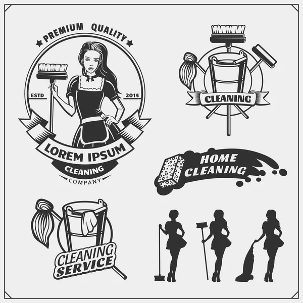 Set Cleaning Service Emblems Beautiful Young Maid Clining Badges Labels — Stock Vector