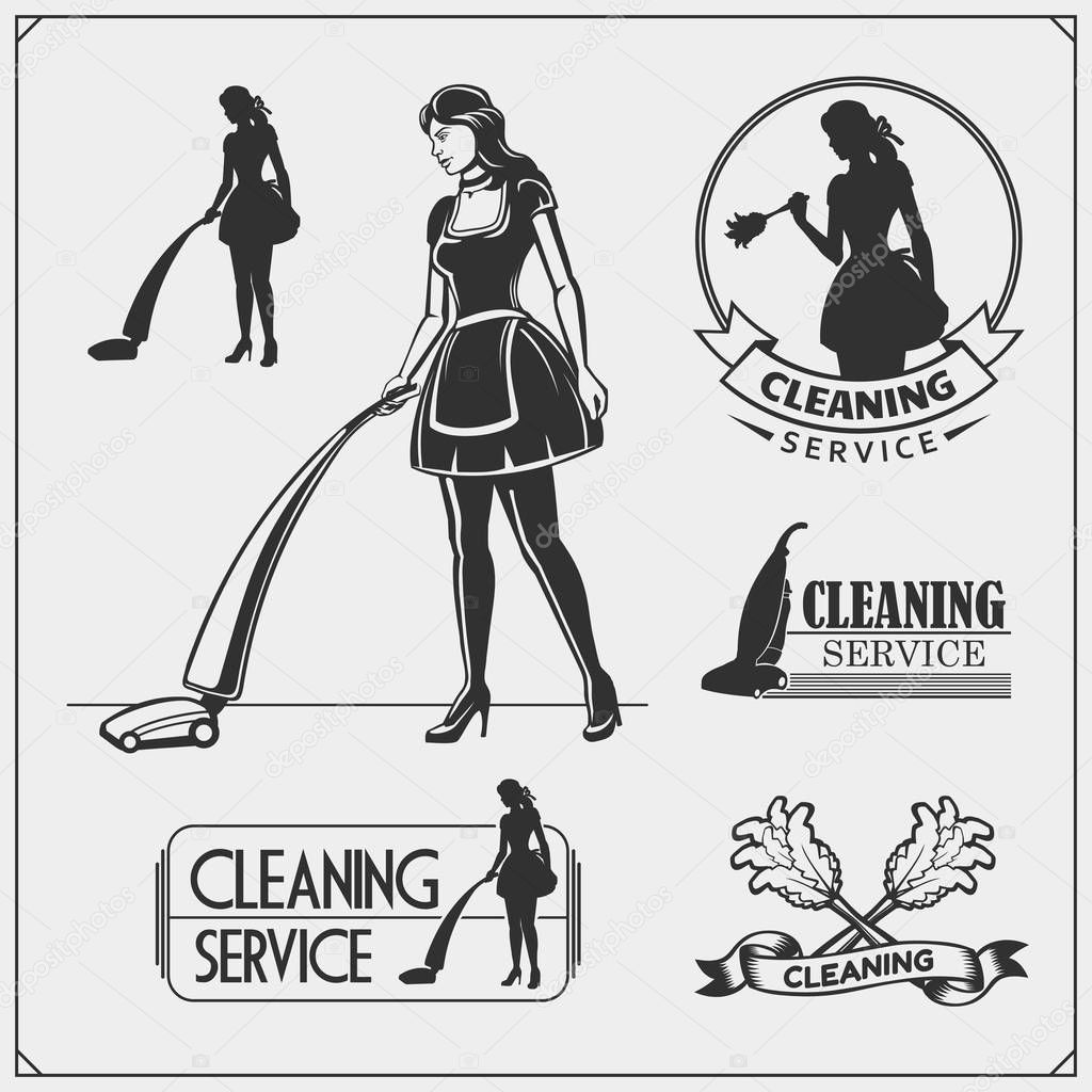 Set of cleaning service emblems with beautiful young maid. Clining badges, labels and design elements. Vintage style.