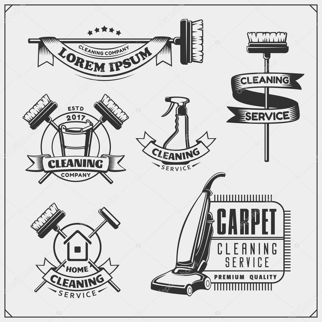 Set of cleaning service emblems, badges, labels and design elements. Vintage style.