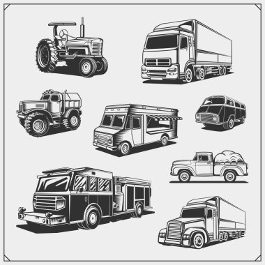 Set of cars. Cargo, fire, food truck, delivery vehicle and off-road suv car, tractor and pickup. clipart