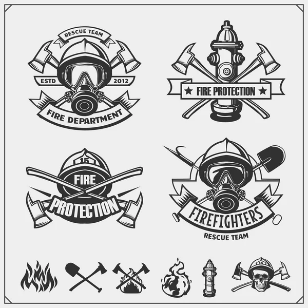 Set Firefighter Emblems Labels Design Elements Vector Monochrome Illustration — Stock Vector