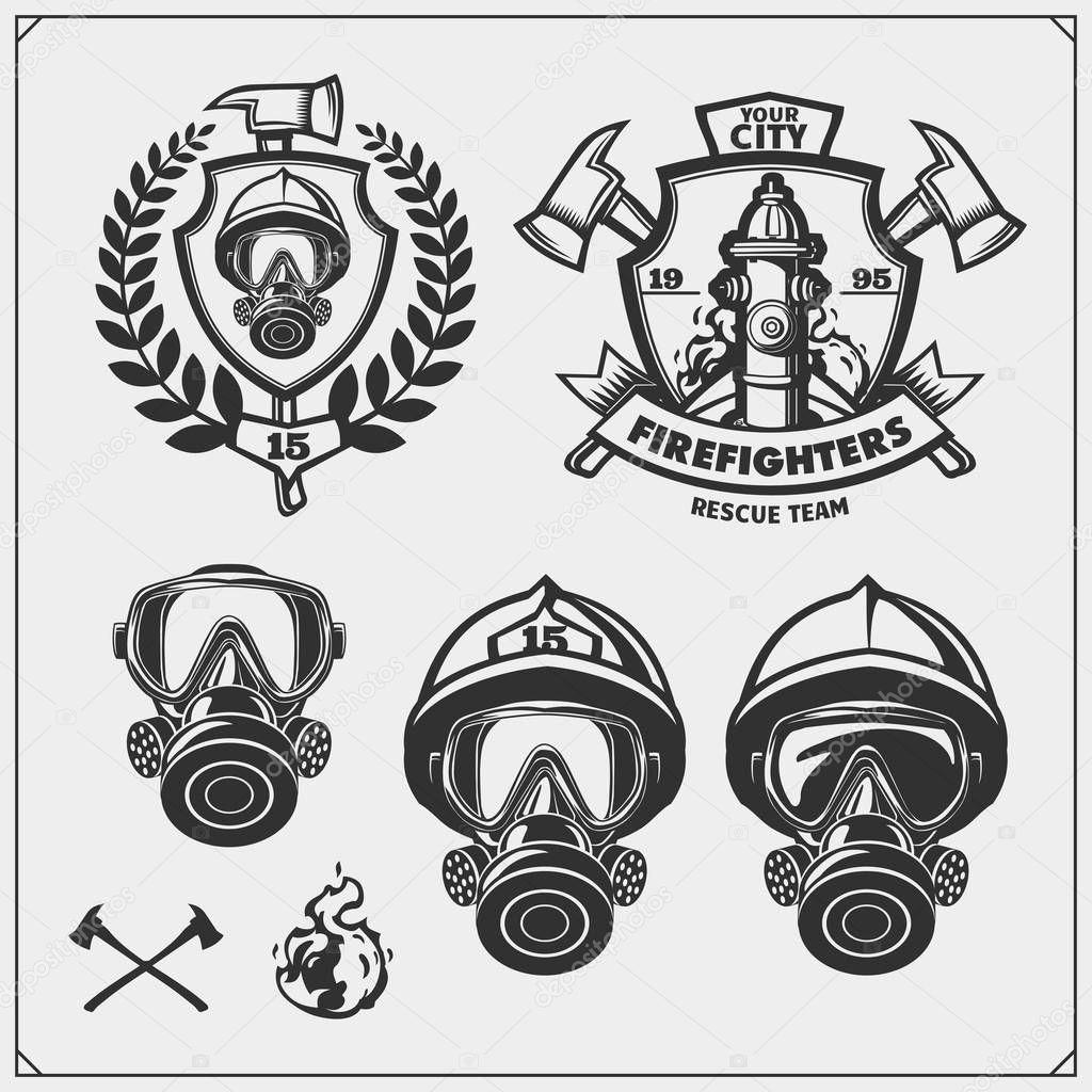 Set of firefighter emblems, labels and design elements. Vector monochrome illustration.