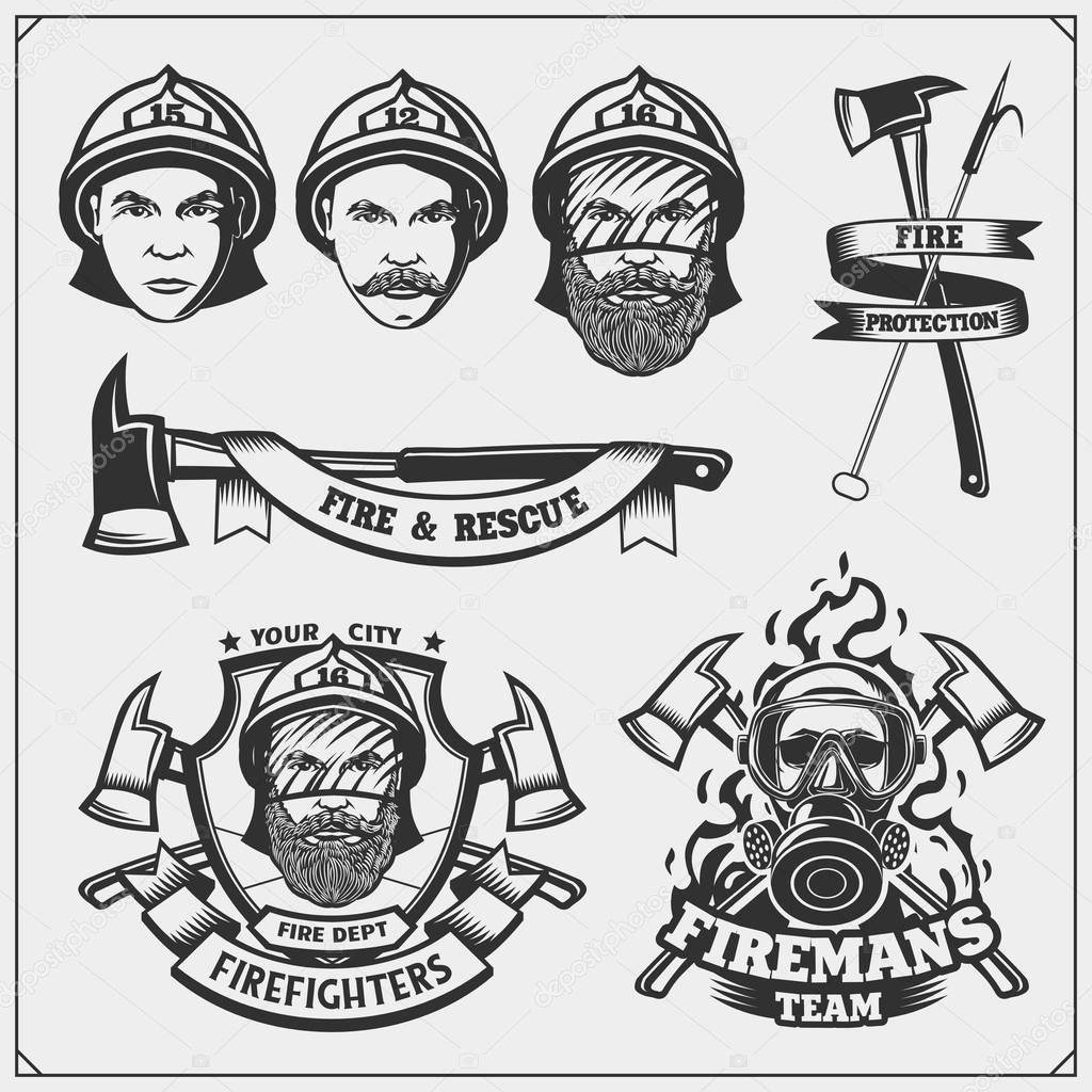 Set of firefighter emblems, labels and design elements. Vector monochrome illustration.