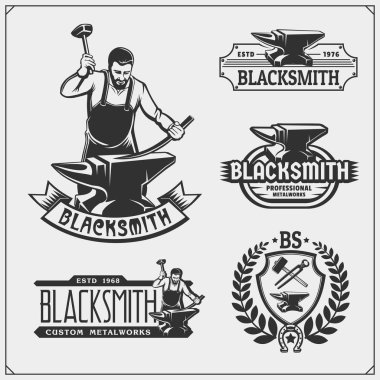 Vintage emblems for forge. Blacksmith labels, badges and design elements. Vector illustration. clipart