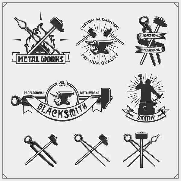 Vintage Emblems Forge Blacksmith Labels Badges Design Elements Vector Illustration — Stock Vector