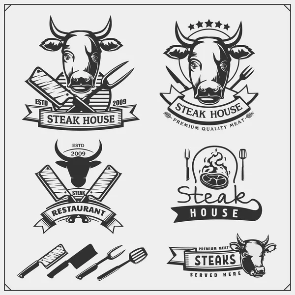 Bbq Collection Set Grill Steak Labels Badges Emblems Fresh Beef — Stock Vector