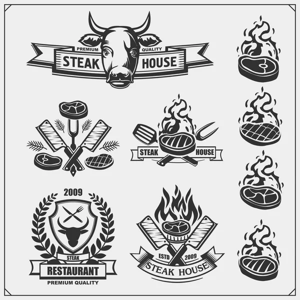 Colección Barbacoa Set Etiquetas Insignias Emblemas Bistec Parrilla Carne Fresca — Vector de stock