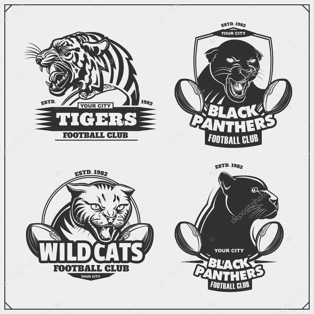 Set of football emblems, badges, logos and labels with tiger, panther and wildcat.