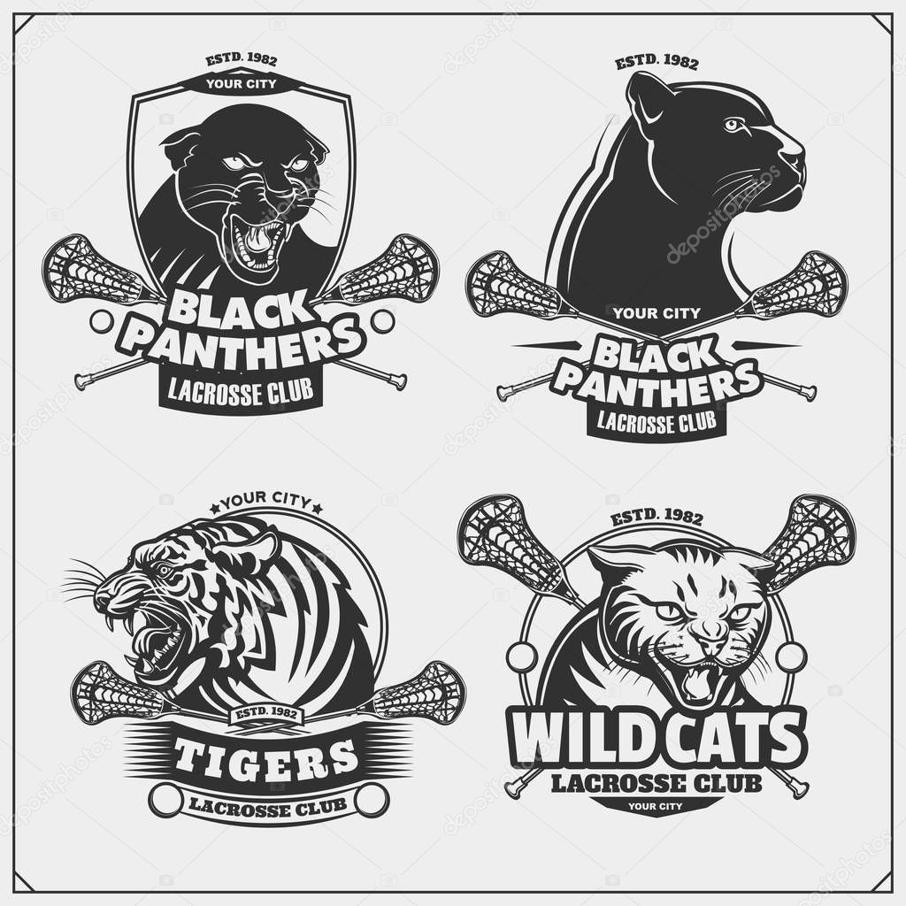 Set of lacrosse emblems, badges, logos and labels with tiger, panther and wildcat.