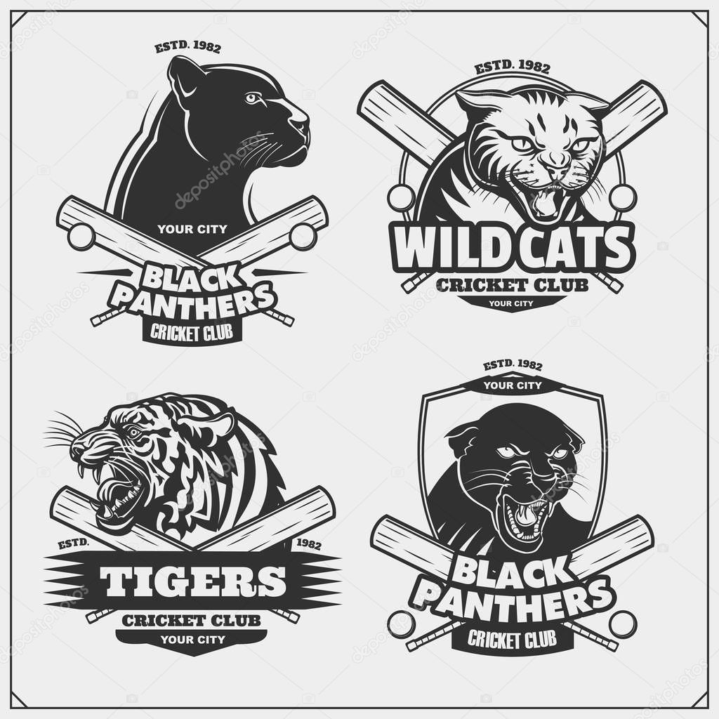 Set of cricket emblems, badges, logos and labels with tiger, panther and wildcat.