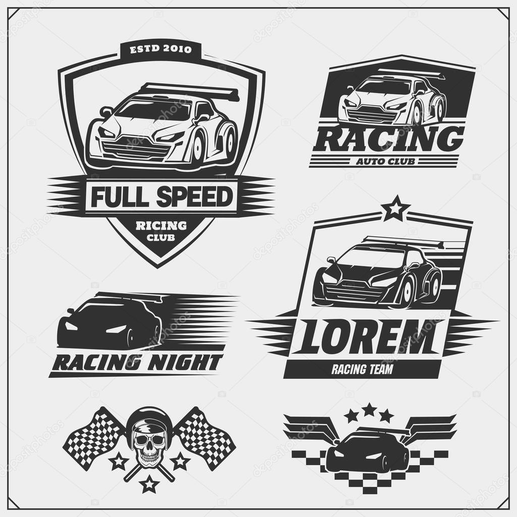 Set of Racing club emblems, labels and design elements. Speeding racing cars illustrations.