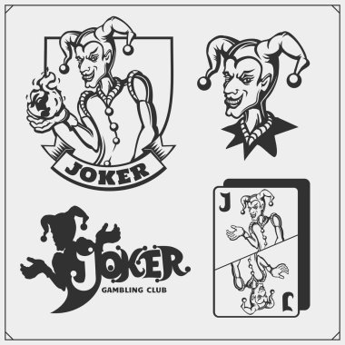 Casino ve poker amblem ve Joker ve iskambil içeren etiketleri kümesi.