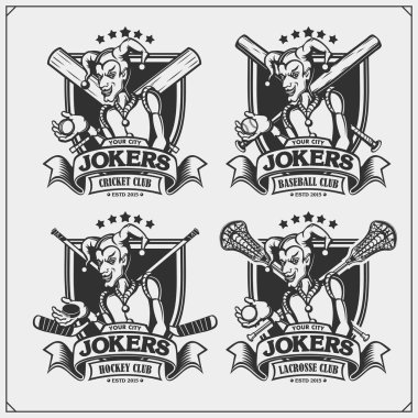 Kriket, beyzbol, lacrosse ve hokey logo ve etiketleri. Spor Kulübü Amblemler Joker ile.