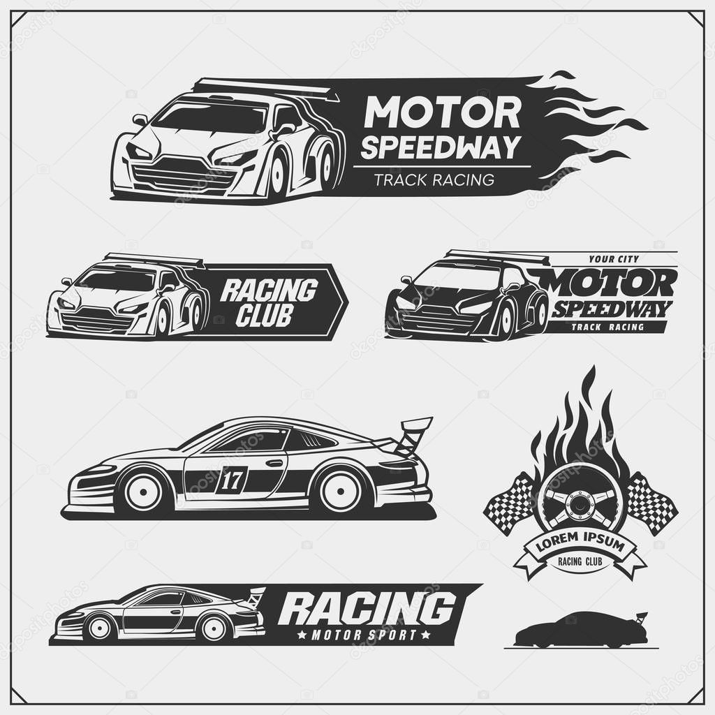 Set of Racing club emblems, labels and design elements. Speeding racing cars illustrations.