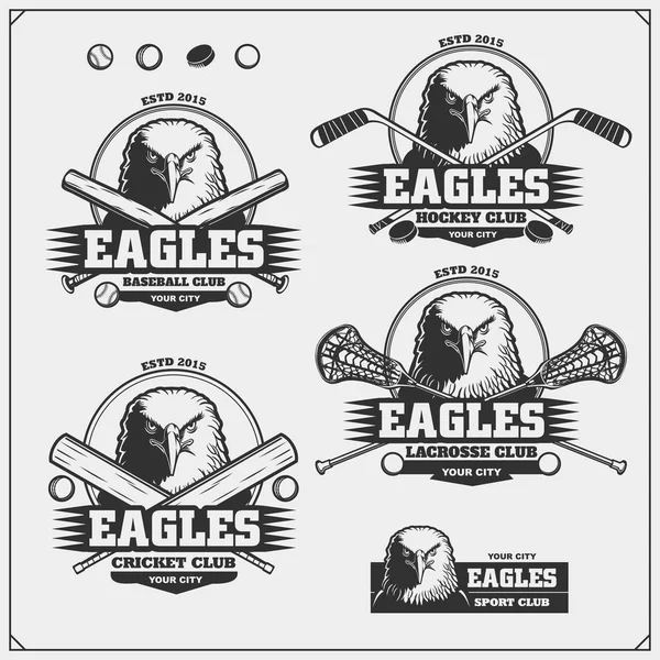 Tücsök Baseball Lacrosse Jégkorong Logók Feliratok Sport Club Emblémák Sas — Stock Vector
