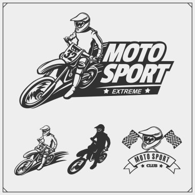 Motor sporları siluetleri, etiketleri ve amblemler kümesi. Motocross biniciler.