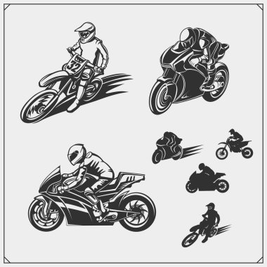 Motor sporları siluetleri, etiketleri ve amblemler kümesi. Atlama biniciler, moto deneme, moto freestyle ve motor yarış motocross.
