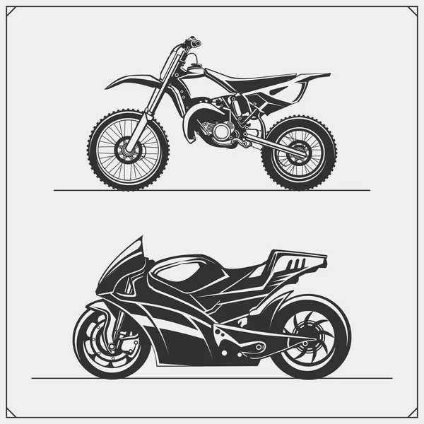 Conjunto Motocicletas Motocross Motorización Emblemas Del Club Motociclistas Diseño Monocromático — Vector de stock