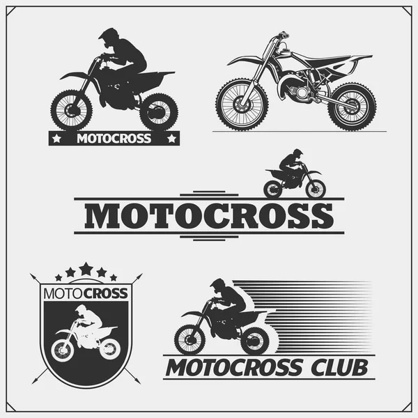 一套运动剪影 标签和徽章 越野摩托车车手 — 图库矢量图片