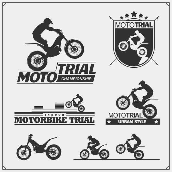 Set Motorsport Silhouettes Labels Emblems Motocross Riders Moto Trial — Stock Vector
