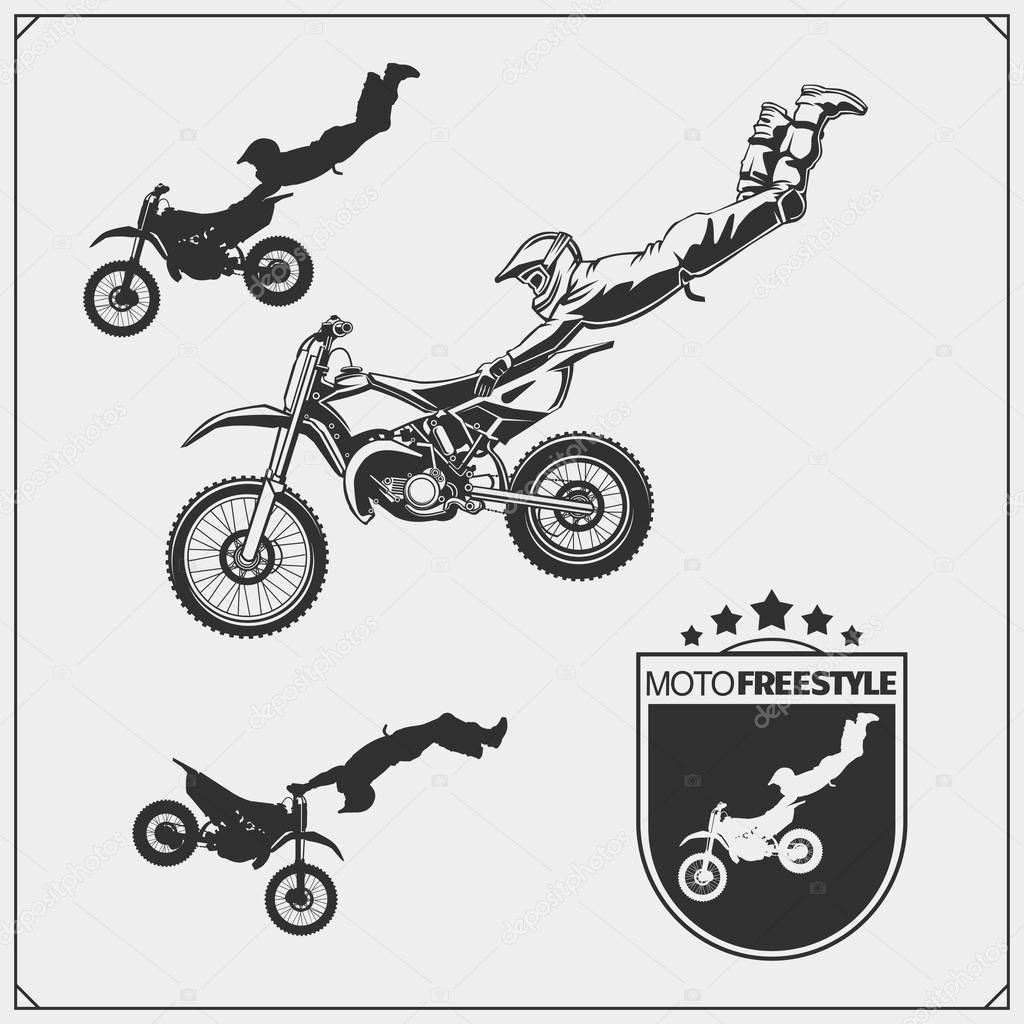 Set of motorsport silhouettes, labels and emblems. Motocross jumping riders, moto freestyle.