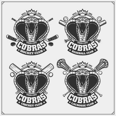 Kriket, beyzbol, lacrosse ve hokey logo ve etiketleri. Spor Kulübü Amblemler kral kobra ile.