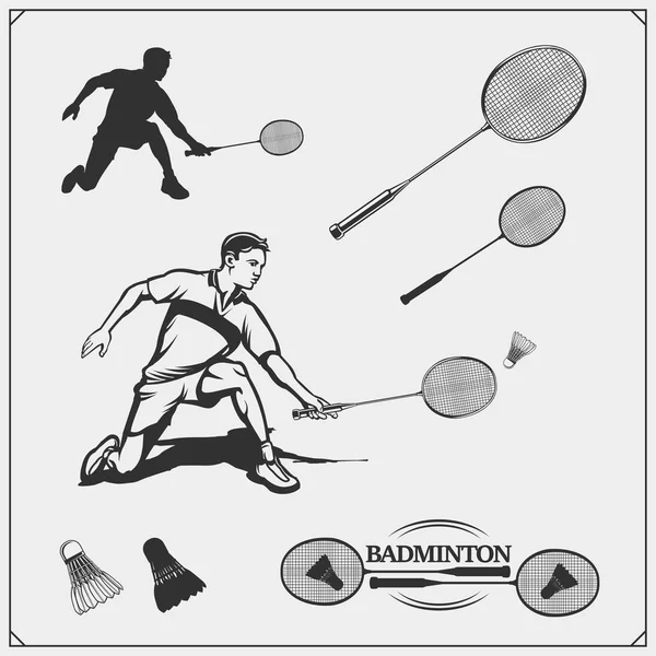 Badminton Amblemler Semboller Etiketler Tasarım Öğeleri Oyuncu Silüeti Siyah Beyaz — Stok Vektör