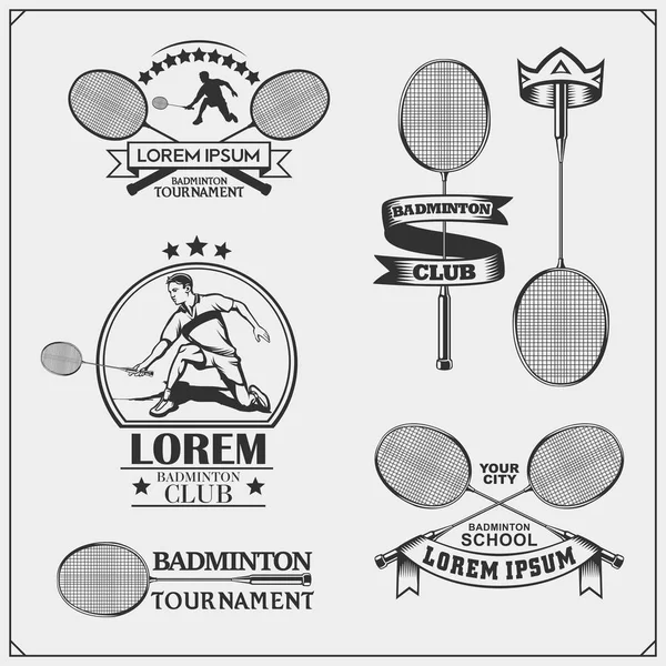 Badminton Emblemas Símbolos Rótulos Elementos Design Silhueta Jogador Preto Branco —  Vetores de Stock