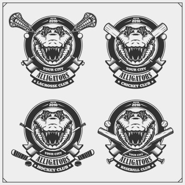 Kriket, beyzbol, lacrosse ve hokey logo ve etiketleri. Spor Kulübü Amblemler timsah ile.