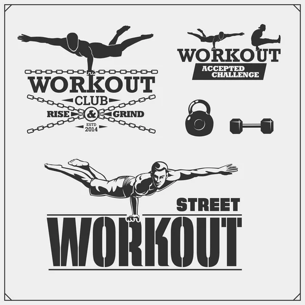 Conjunto Vectorial Street Workout Emblemas Etiquetas Fitness Ilustraciones Siluetas Deportistas — Vector de stock