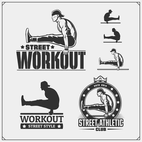 Conjunto Vectorial Street Workout Emblemas Etiquetas Fitness Ilustraciones Siluetas Deportistas — Vector de stock