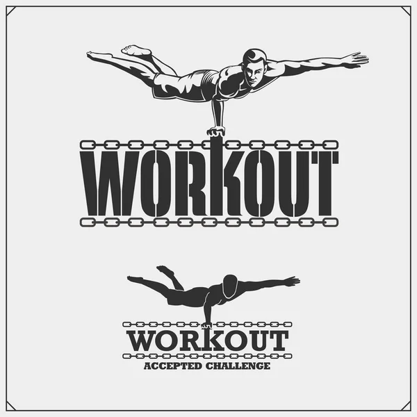 Vector Set Street Workout Fitness Emblems Labels Athletes Illustrations Silhouettes — Stock Vector
