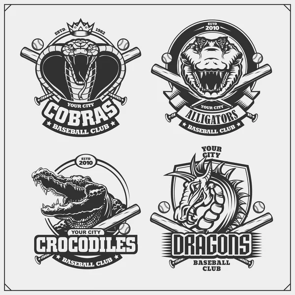 棒球徽章 标签和设计元素 运动俱乐部标志眼镜蛇 鳄鱼和龙 — 图库矢量图片