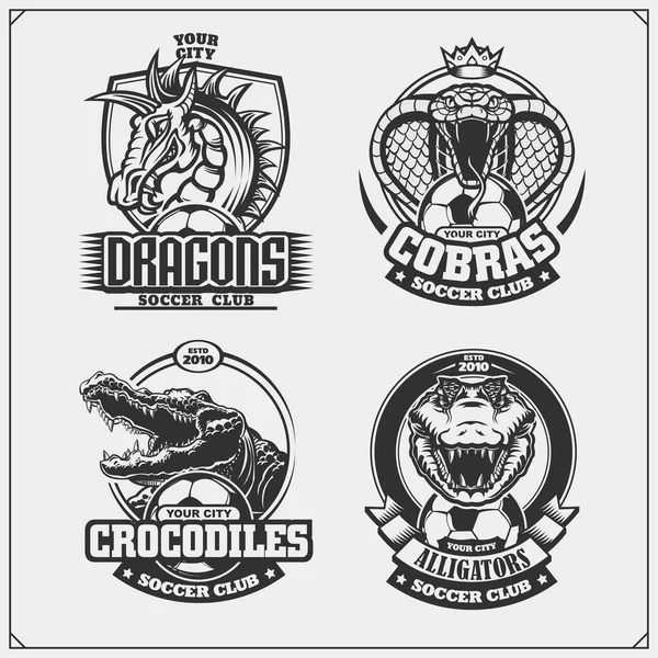 Set Soccer Emblems Badges Logos Labels Cobra Crocodile Dragon — Stock Vector