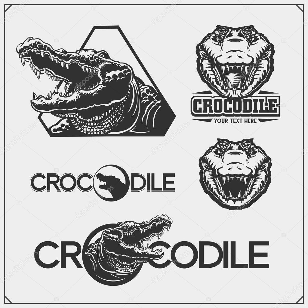 The emblems with crocodile for a sport team. Crocodile labels, badges and design elements.