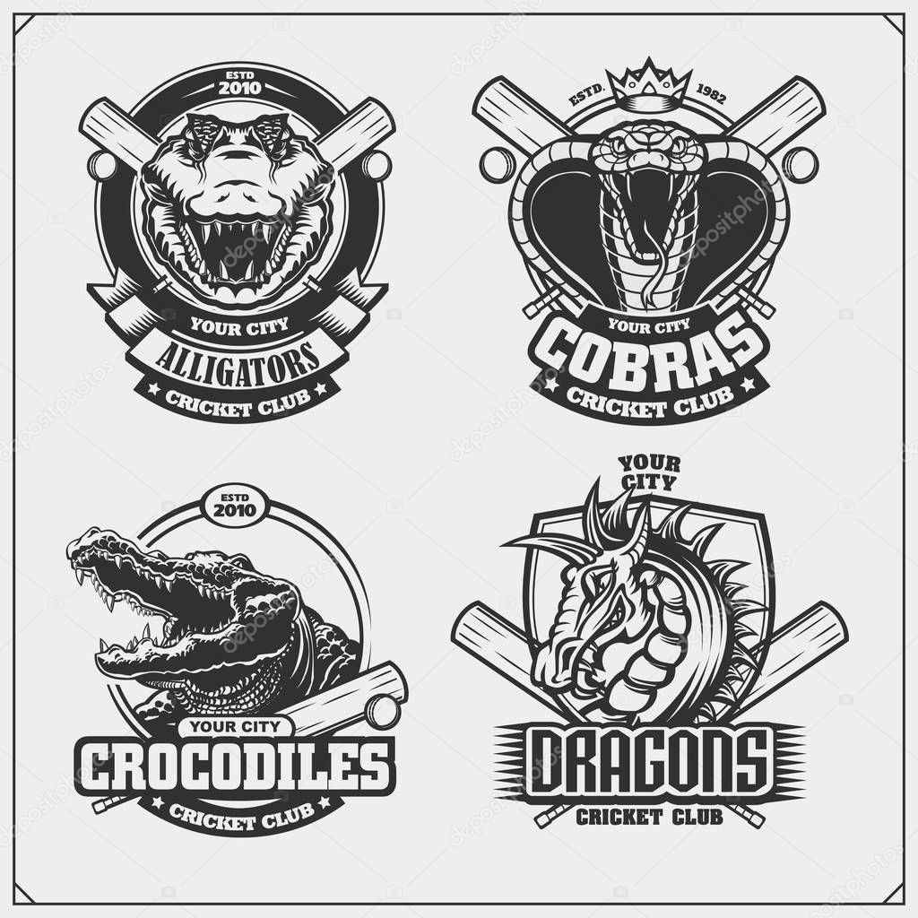 Set of cricket emblems, badges, logos and labels with cobra, crocodile and dragon.