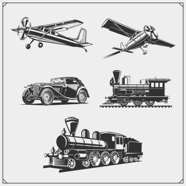 Retro taşıma kümesi. Uçak, tren ve araba. T-shirtler için baskı tasarımı.