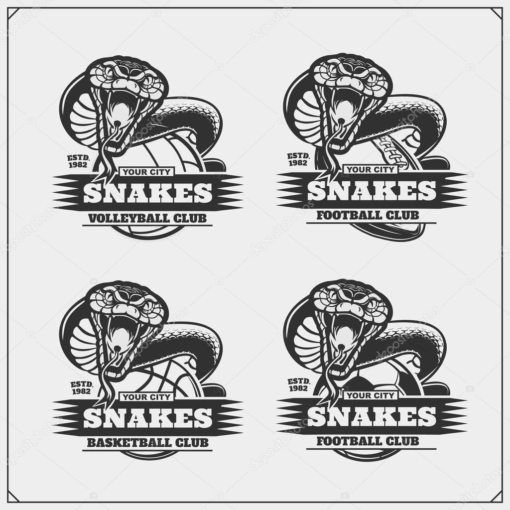 Volleyball, basketball, soccer and football logos and labels. Sport club emblems with snakes.