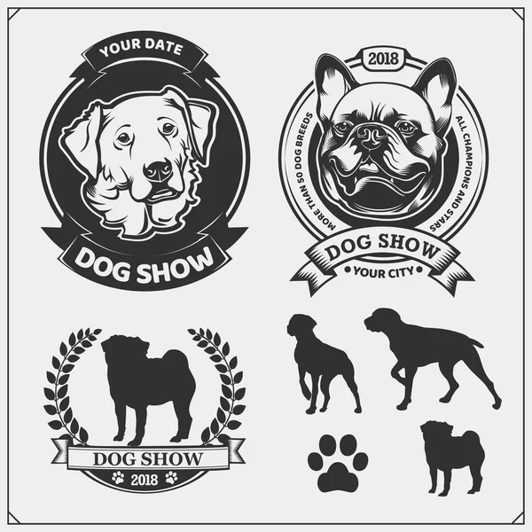 Hunde Zeigen Embleme Etiketten Abzeichen Und Designelemente Nette Freundliche Haustiere — Stockvektor