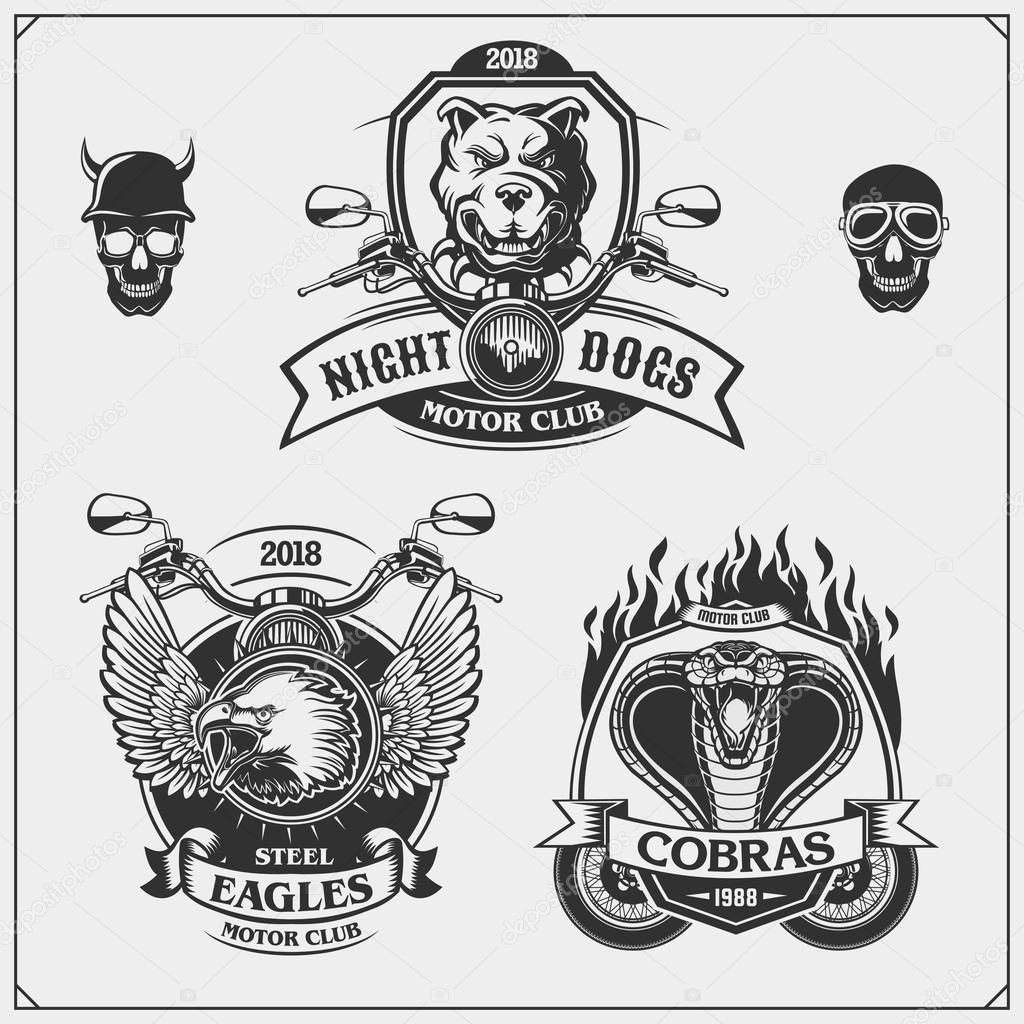 Set of Moto club emblems, labels and design elements. Emblems with bulldog, eagle and cobra.