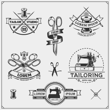 Vintage dikiş Etiketler, rozetleri ve tasarım öğeleri. Terzi Dükkanı Amblemler kümesi.