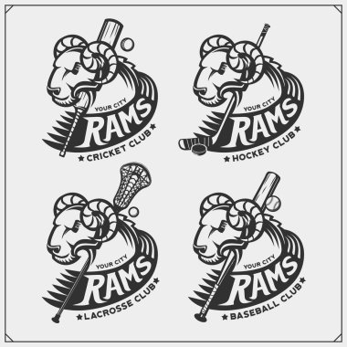 Kriket, beyzbol, lacrosse ve hokey logo ve etiketleri. Spor Kulübü Amblemler rams ile.