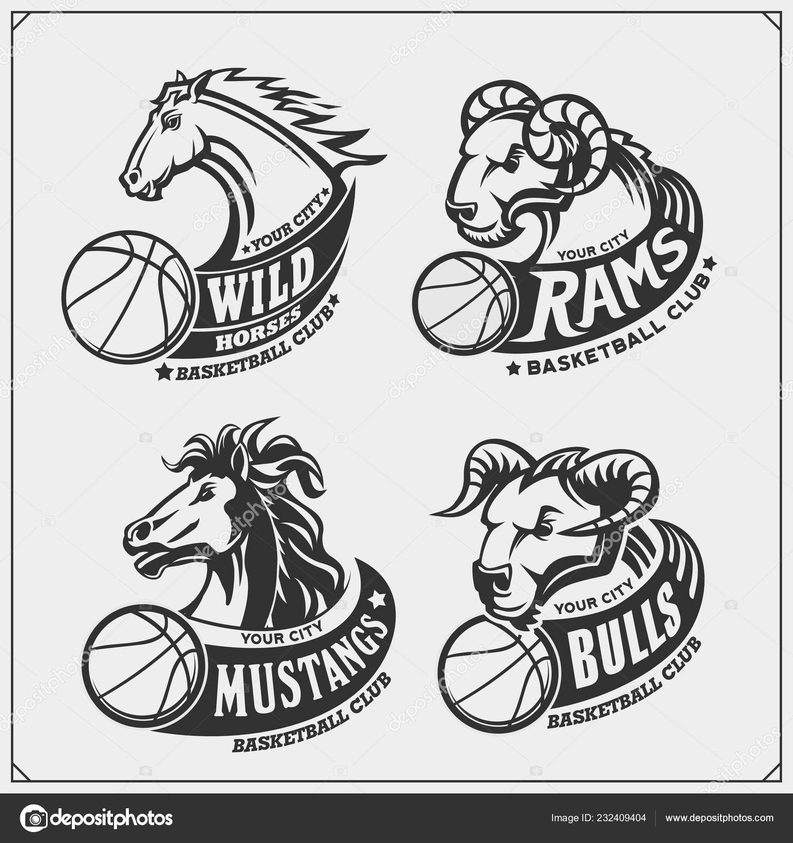 Conjunto Emblemas Baloncesto Insignias Logotipos Etiquetas Con Caballo Toro  Carnero Vector de stock #232409404 de ©malashkos, image size:1600x1700