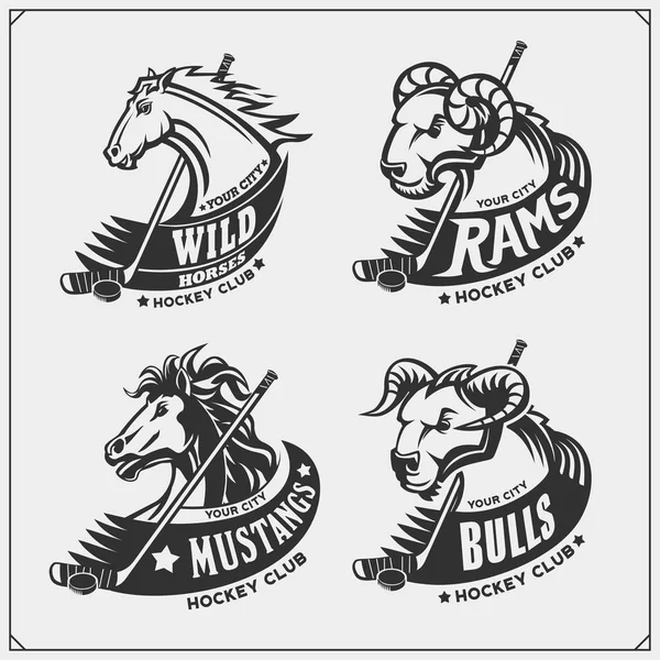 曲棍球徽章 标签和设计元素 体育俱乐部的标志与公羊 公牛和马 T恤衫的印花设计 — 图库矢量图片