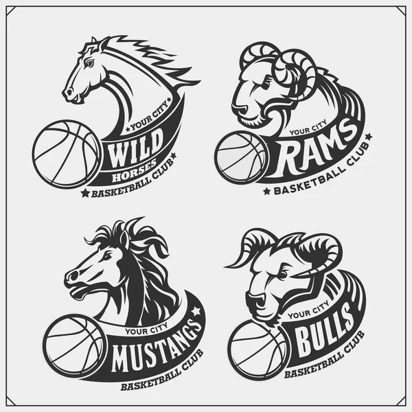 Conjunto Emblemas Baloncesto Insignias Logotipos Etiquetas Con Caballo Toro Carnero — Vector de stock