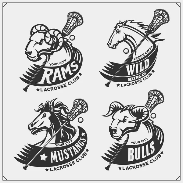 长曲棍球俱乐部的标志和标签与马 公牛和公羊 T恤衫的印花设计 — 图库矢量图片