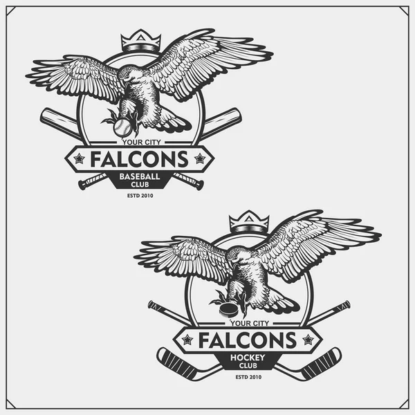 Honkbal Hockey Logo Etiketten Sport Club Emblemen Met Falcon Print — Stockvector