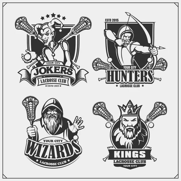 Emblemas Lacrosse Rótulos Elementos Design Esporte Emblemas Clube Com Caçador —  Vetores de Stock